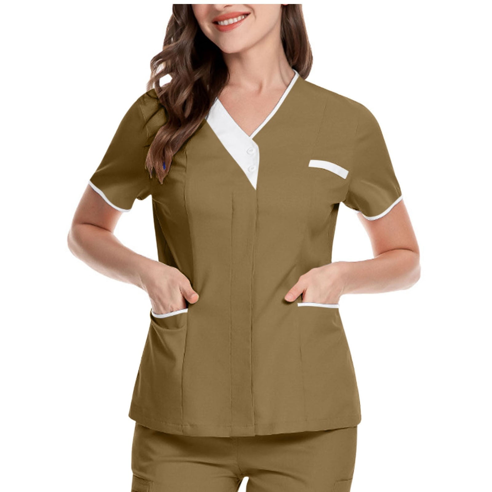 Sksloeg Womens Scrub Top 4 Way Stretch 2 Pocket Button Top with Jogger Tops  Nursing Short Sleeve Workwear,Khaki S 