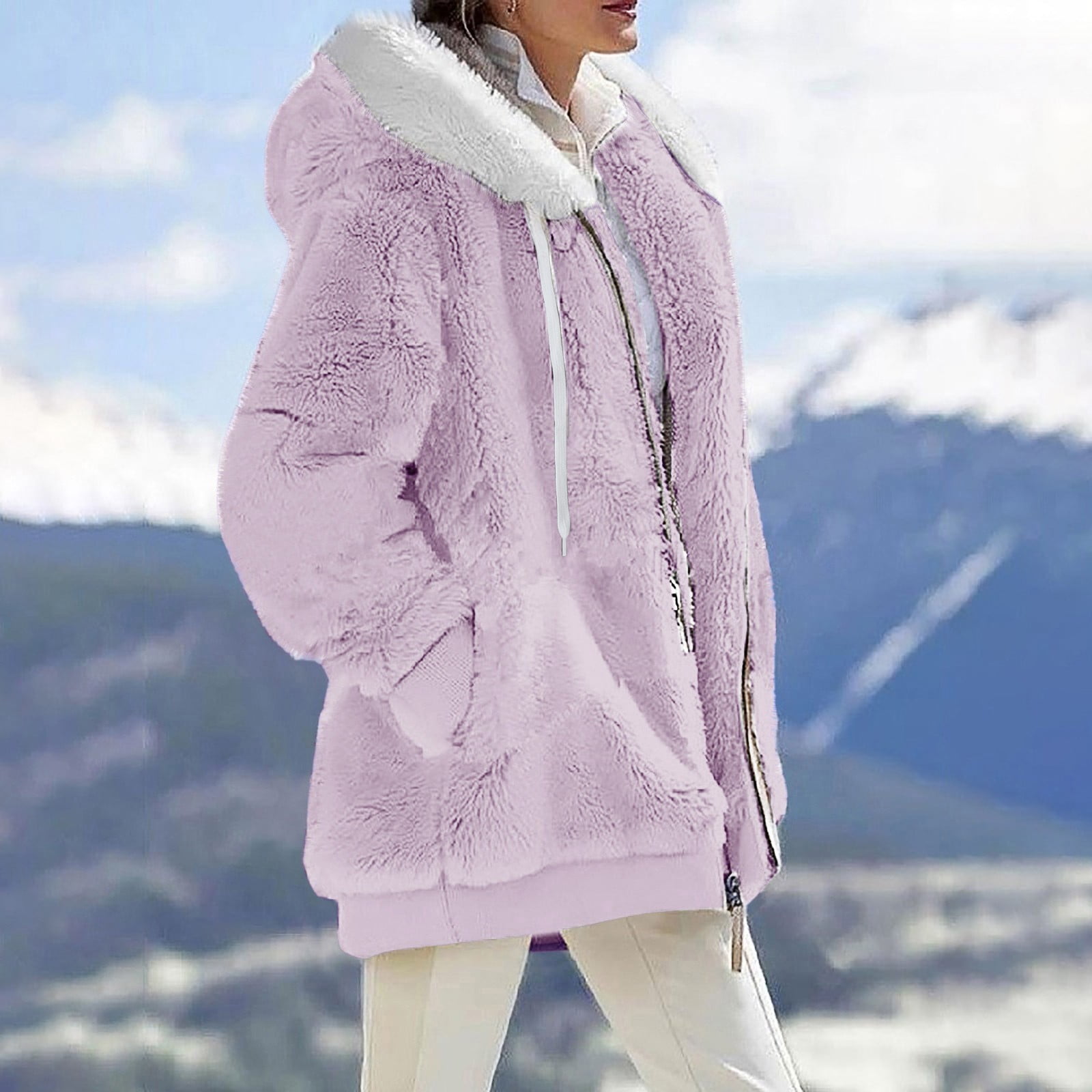 Sksloeg Womens Sherpa Hooded Coat Lapel Fleece Lined Jacket Winter Warm Zip  Hooded Coat Outerwear with Pocket XL Light Purple Female 