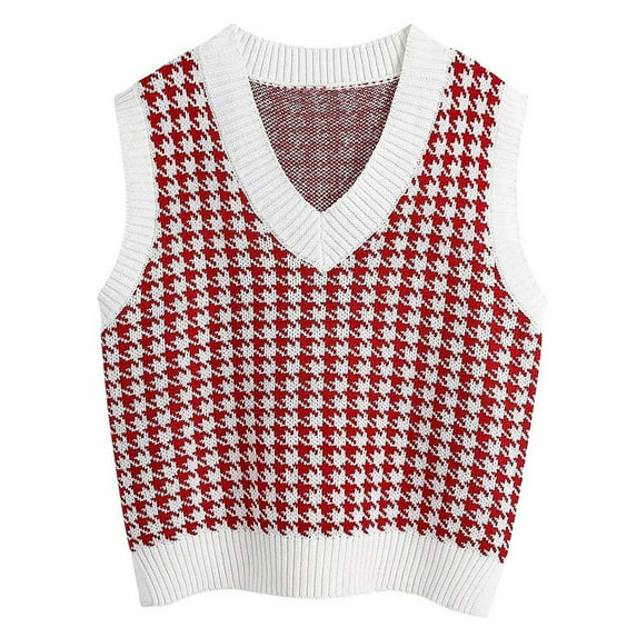 Sksloeg Womens Sleeveless Sweater Houndstooth Knitted Sleeveless Sweater Preppy Style Vintage Knitwear Top,Hot Pink XXXL