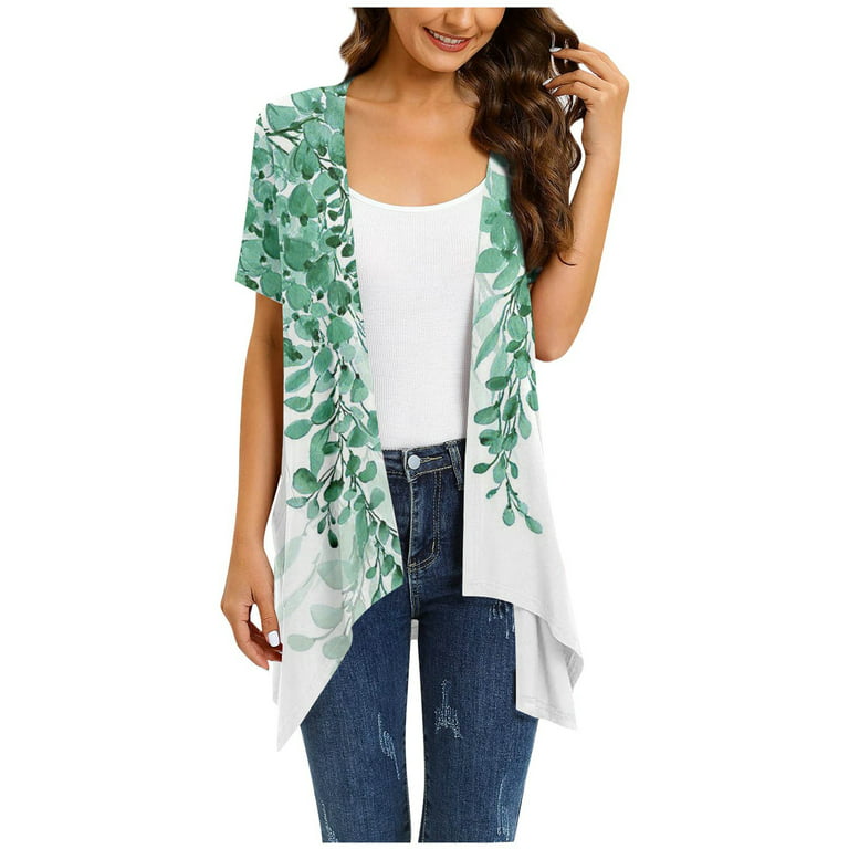 Sksloeg Womens Summer Cover Up Tops 2024, Plus Size Vintage Flower Printed  Cardigan Draped Irregular Hem Cover Up Tops Loose Casual Comfy Jackets  Kimono with Pocket,Green L 
