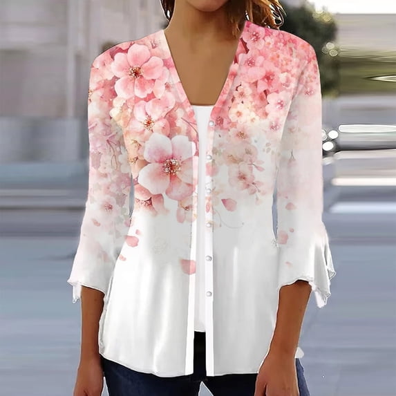 Sksloeg Womens Summer Tops Casual Soft 3/4 Sleeve Floral Printed Cardigans Button Down Draped Duster,Pink M