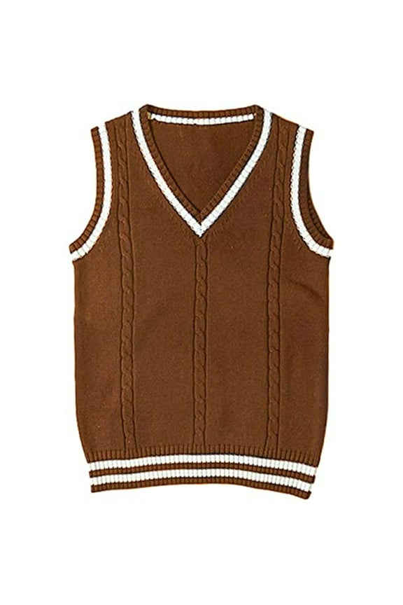 Womens Sweater Vest Argyle Solid Sweater Preppy Long Sleeve V-Neck Pullover Tops 90s Preppy England Style Knitwear,Brown M