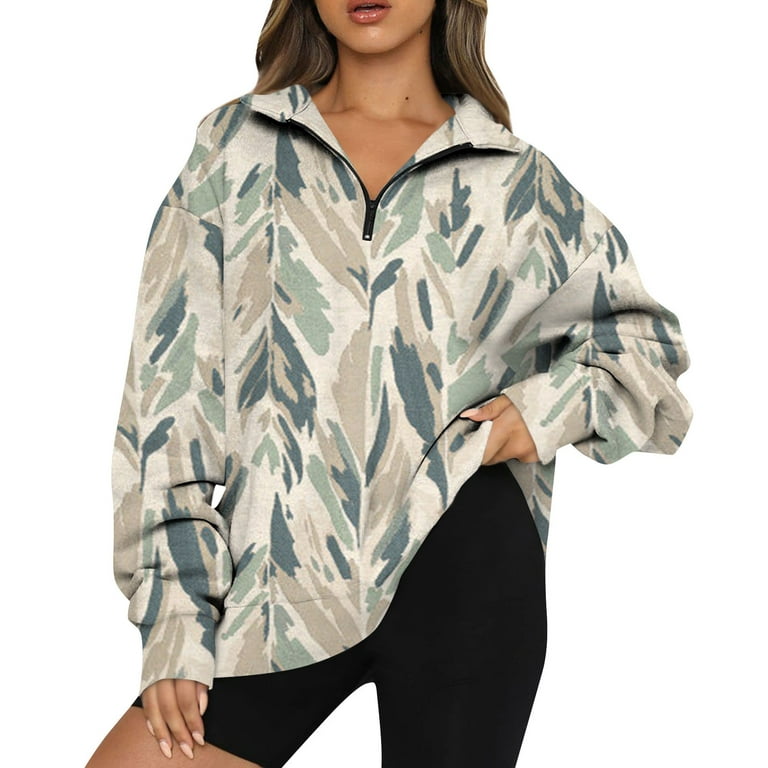 Sksloeg Womens Sweatshirt Dress Half Zip Leaf Print Sweatshirt Drop  Shoulder Long Sleeves Collar Quarter 1/4 Zipper Pullover,Light Green 3XL 