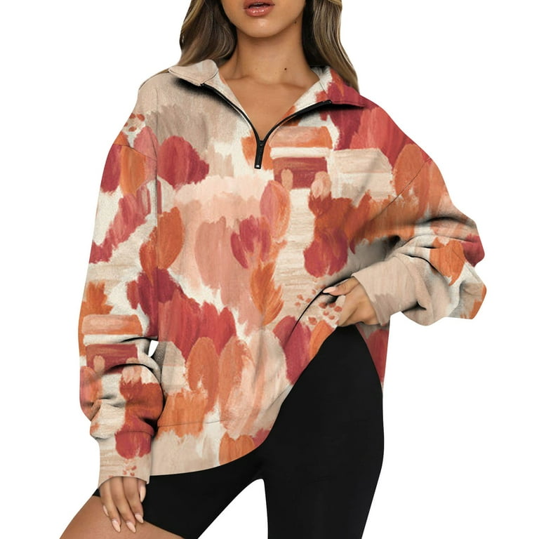 Sksloeg Womens Oversized Half Zip Sweatshirt Vintage Flower Printed  Pullover 2024 Trendy Quarter Zip Up Sweatshirts,Navy L
