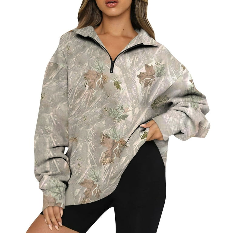 Sksloeg Womens Sweatshirts Trendy Half Zip Maple Leaf Printed Fleece  Pullover Winter Clothes Quarter Zip Up 2023 Outfits Sweater,Khaki M 
