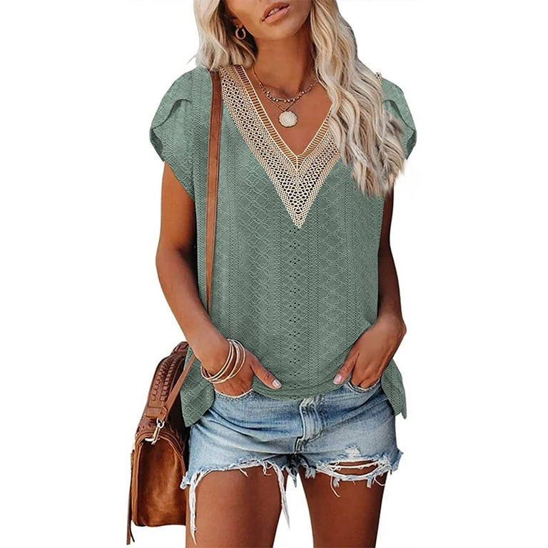 Sksloeg Womens Tank Tops Summer Crop Lace Solid Womens Blouses Cap Sleeve V  Neck T Shirts for Women Summer Casual Tops,Green L