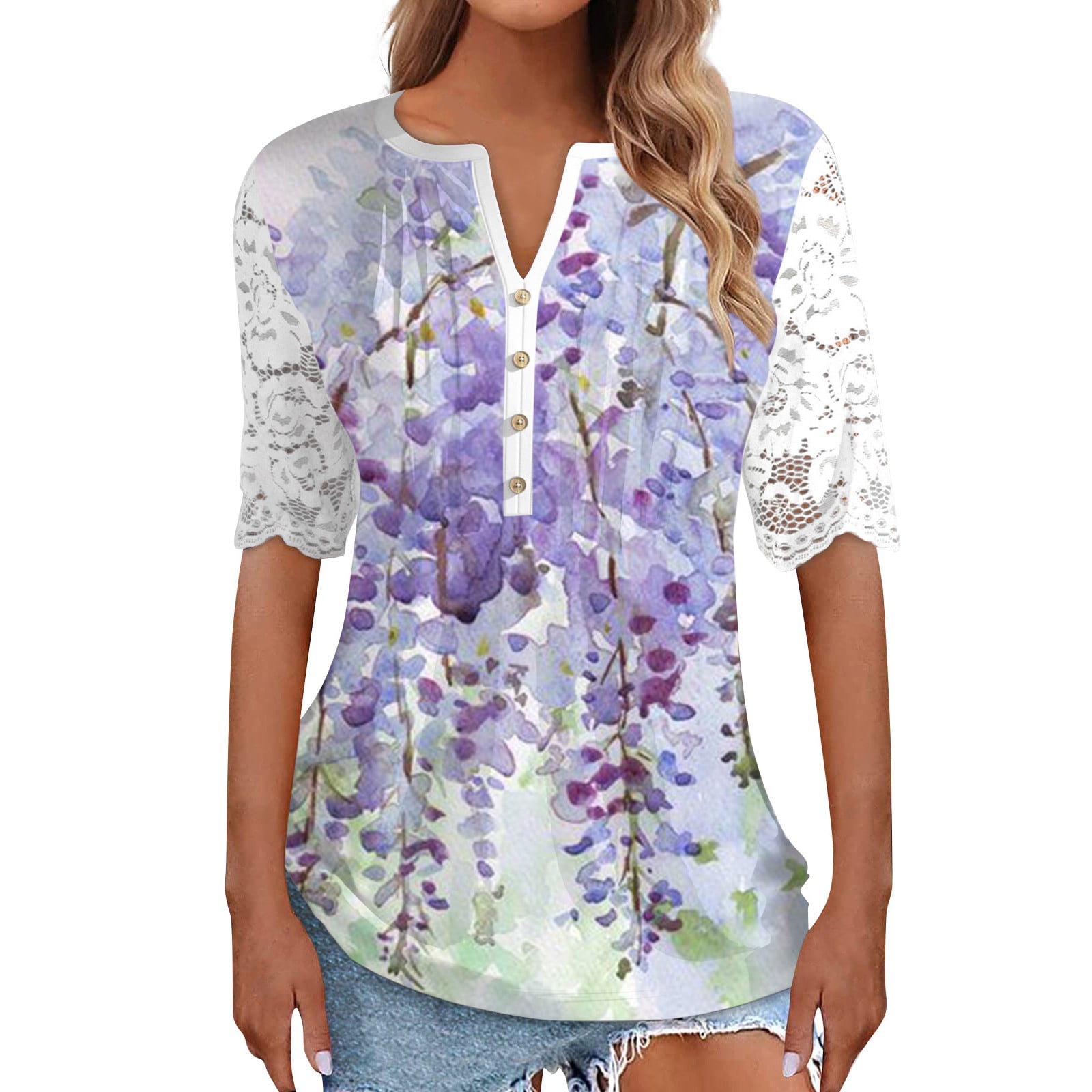 Sksloeg Womens Tops Business Tunic Tops Vintage Flower Print Lace Short  Sleeve Work Shirts Dressy Tunic Tops Cute Summer Button Down Blouses Henly  T Shirts,Light Purple L 