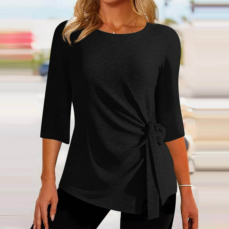 Sksloeg Womens Tops Trendy 3/4 Sleeve Top Blouse Tie Knot Side Asymmetric  Tunic Black Solid Crew Neck Belted Shirts,Black M 