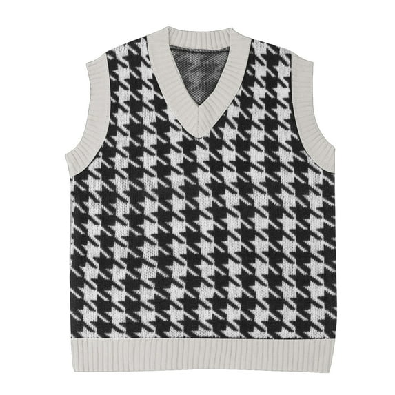 Sksloeg Womens V Neck Sweater Vest Argyle Houndstooth Preppy Style Sleeveless Crop Knitwear Tank,Beige L