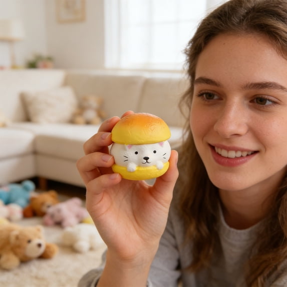 Sktrjpolfis 1Pc Burger Cat Squeeze Toy Squishy Toy Slow Rebound Soft Rubber Portable Tactile Toy Cute Food Cat Design for Home Office Travel Desk Decor Adults & Teens