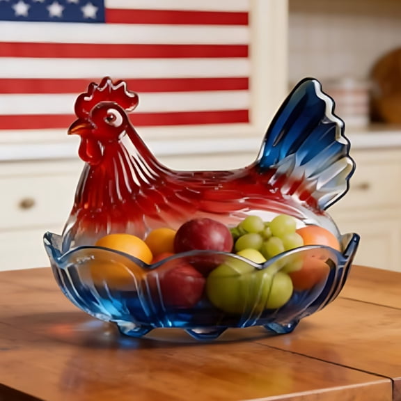 Sktrjpolfis 4th of July Glass Chicken Candy Tray with Lid Red White Blue Hen Shaped Rural Candy Bowl Farmhouse Decor Jar