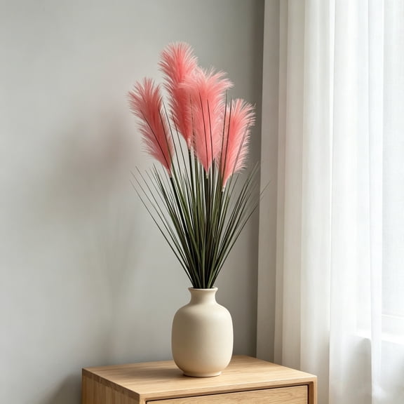 Sktrjpolfis Artificial Pampas Grass Bundle, 35.43in Pink Faux Foxtail Reed Stems Home Wedding Decor