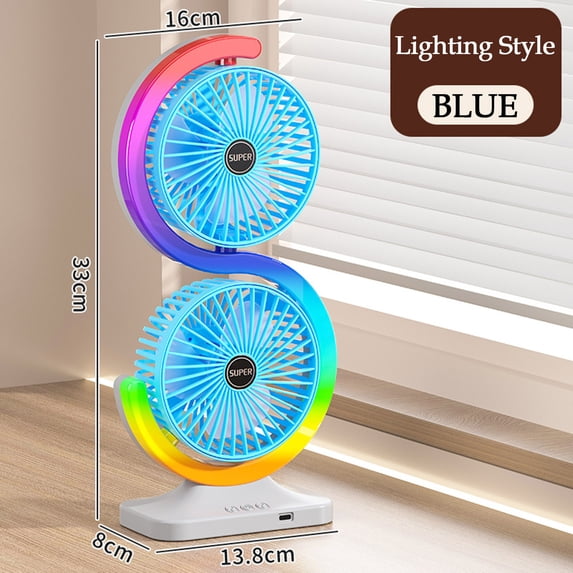 Sktrjpolfis Double Head Desktop Fan, Circulating Oscillating Fan with RGB Ambient Light, 1800mAh, Silent, USB Rechargeable, for Office Bedroom Use
