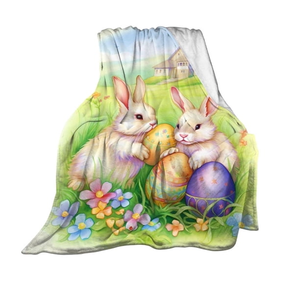 Sktrjpolfis Easter Flannel Sofa Blanket Bunny Eggs Pattern Suitable for Home Decoration