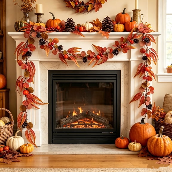 Sktrjpolfis Fall Maple Artificial Garland with Mini Pumpkin, 70.87in Mantel Stair Thanksgiving Decor