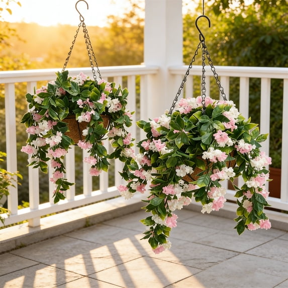 Sktrjpolfis Faux Crepe Myrtle Hanging Baskets Set of 2 with Chain, 27" Total Length, Weather-Resistant, Outdoor Spring Decor for Porches, Balconies