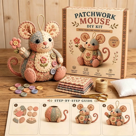Sktrjpolfis Floral Patchwork Mouse Sewing Kit, Pre-Cut Fabric Hand Craft Ornament Supply for Adult Beginner DIY Handmaking
