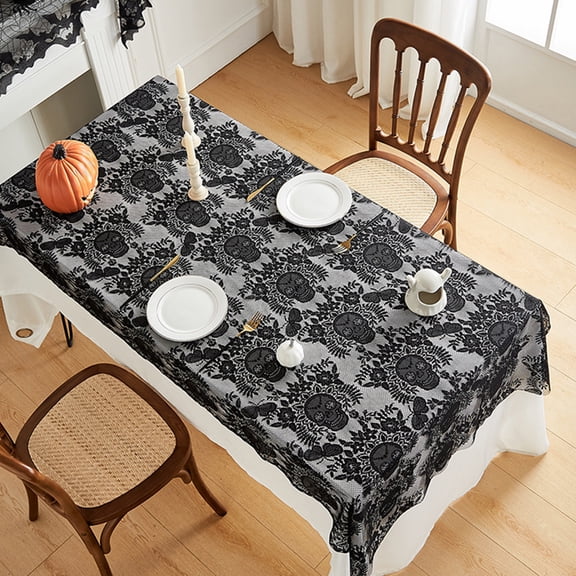 Sktrjpolfis Halloween Black Lace Skull Table Runner Tablecloth, 220100cm Gothic Skeleton Lace Table Cover for Dinner Table Halloween Party Home Decor