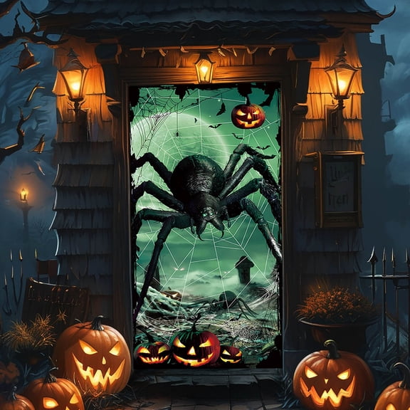 Sktrjpolfis Halloween Polyester Door Curtain, Spooky Halloween Patterns Party Backdrop Decor, 180x90cm