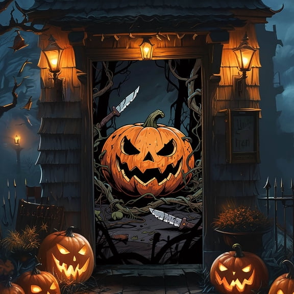 Sktrjpolfis Halloween Polyester Door Curtain, Spooky Halloween Patterns Party Backdrop Decor, 180x90cm