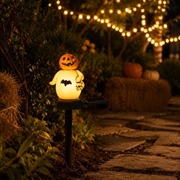 Sktrjpolfis Halloween Pumpkin Ghost Solar Stake Light, Resin Bat Skull Pattern Yard Lamp, 1 pack, 15.94in