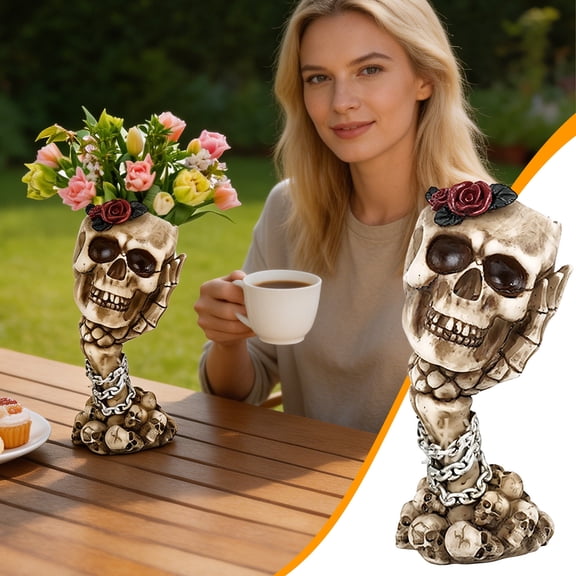 Sktrjpolfis Handheld Three Wise Skull Vase Vintage White Resin Rose Flower Container 1 Pack Gothic Halloween Bar Tabletop Decor