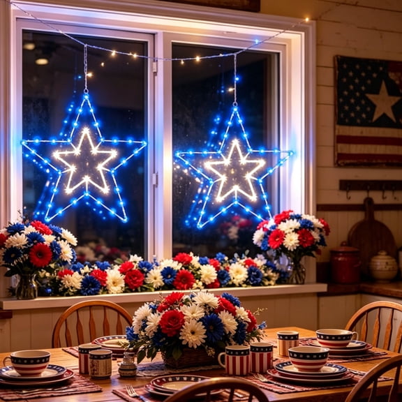 Sktrjpolfis Patriotic Window Light, 12 Inch LED Star Hanging Decor for 4th of July, Battery Operated Red White Blue Lights for Windows Doors Porches, Timer Mode