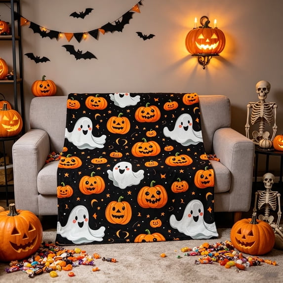 Sktrjpolfis Pumpkin Ghost Halloween Throw Blanket Soft Flannel Bed Couch Cover for Sofa Bedroom Home Decor