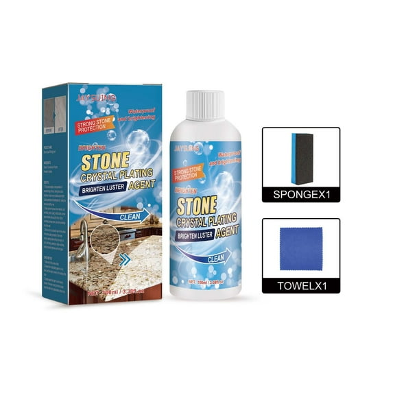Sktrjpolfis Stone Crystal Plating Agent 100ml, Countertop Cleaner & Sealer Kit, Stain Remover & Brightener for Quartz Granite Tile Kitchen Surfaces, with Sponge & Towel