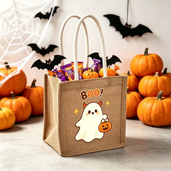 Sktrjpolfis Trick or Treat Bag, Reusable Linen Tote, Halloween Candy Gift Storage Bag, 7.8x7.8x5.1"