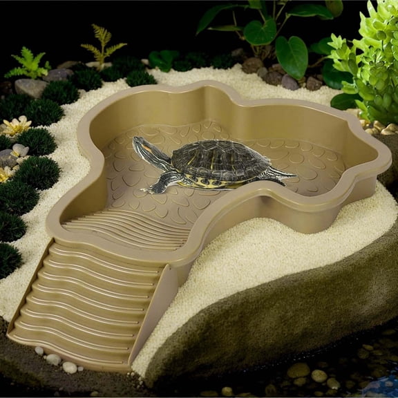 Sktrjpolfis Turtle Bath Tub, Reptile Water Bowl with Ramp, Plastic Turtle Soaking Pool for Terrarium, Removable Ladder Basin for Turtles and Amphibians, 13.78 Inch