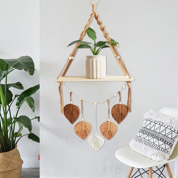 Sktrjpolfis Woven Hanging Storage Shelf, Boho Wood Plant Rack, Indoor Flowerpot Display Shelf
