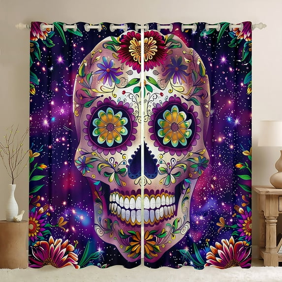 Skull 30%-50% Blackout Curtains (42Wx90L) 2 Panels,Gothic Starry Sky Curtains & Drapes,Skeleton Spooky Curtains Teen Bedroom Decor,Gothic Halloween Purple Bohemian Floral Window Curtains
