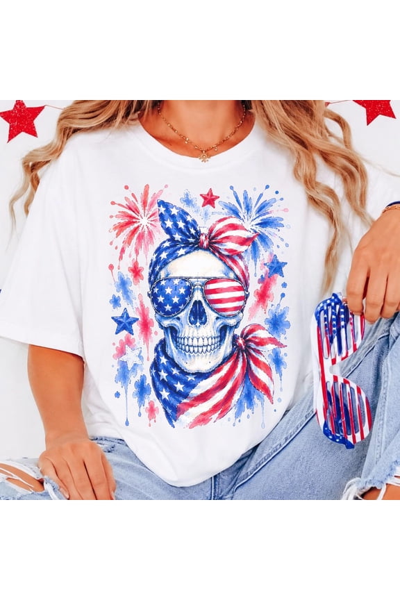 Skull 4th of July Shirt Skeleton Preppy Funny Patriotic USA Mens Womens