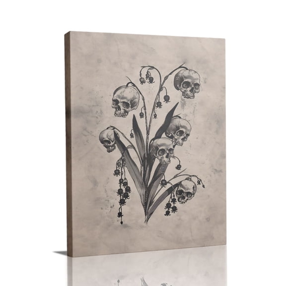 “Skull-Adorned Lily of the Valley on Distressed Background” Gothic Canvas Wall Art Ready to Hang for Living Room and Bedroom
