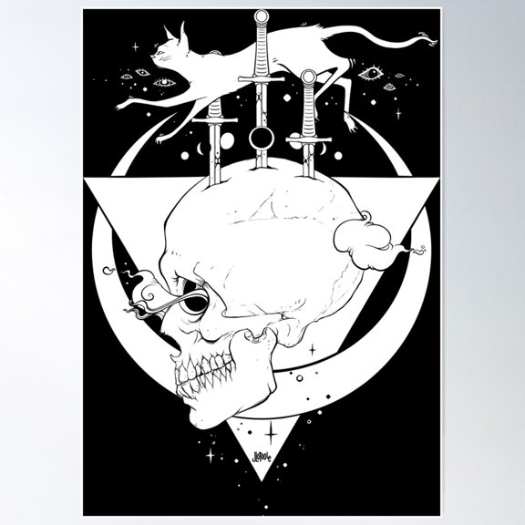 Skull And Cat With Moon Phases Poster Wall Art, Modern Wall Decor For Living Room Bedroom, 8x12 UNFRAMED