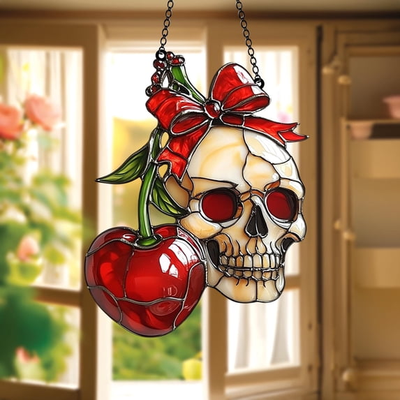 Skull And Cherry Acrylic Window Hanging, Red Ribbon Faux Stained Glass Suncatcher, Halloween Gothic Decor Gift For Spooky Kitchen Wall