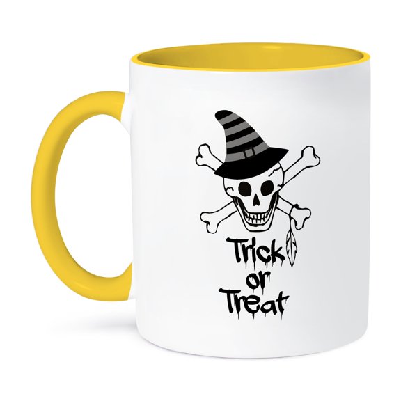 Skull And Cross Bones Trick Or Treat Halloween Art, 11oz Two-Tone Yellow Mug
