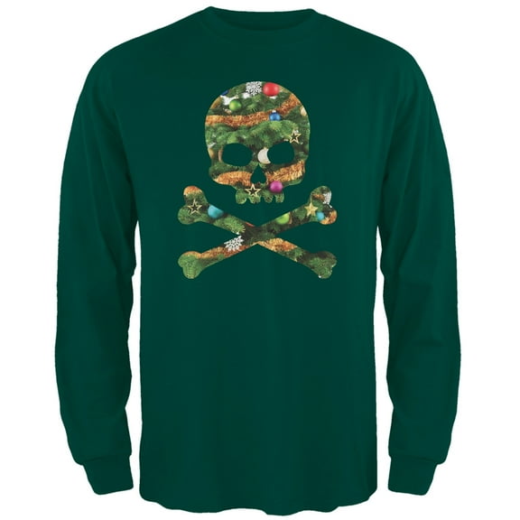 Skull And Crossbones Christmas Tree Cut Out Dark Green Adult Long Sleeve T-Shirt - Small