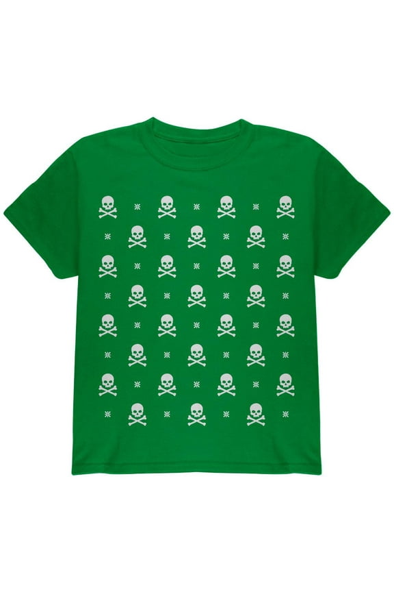Skull And Crossbones Snowy Ugly Christmas Sweater Green Youth T-Shirt - Youth X-Large
