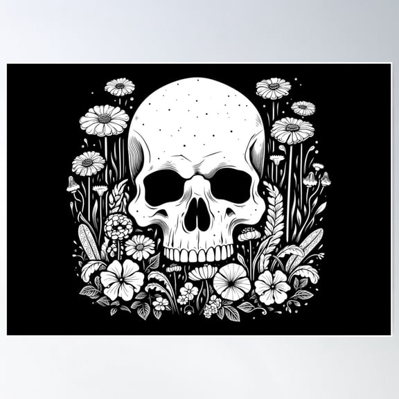 Skull And Flowers - Gothic Floral Monochrome Art Poster Wall Art, Modern Wall Decor For Living Room Bedroom, 8x12 UNFRAMED