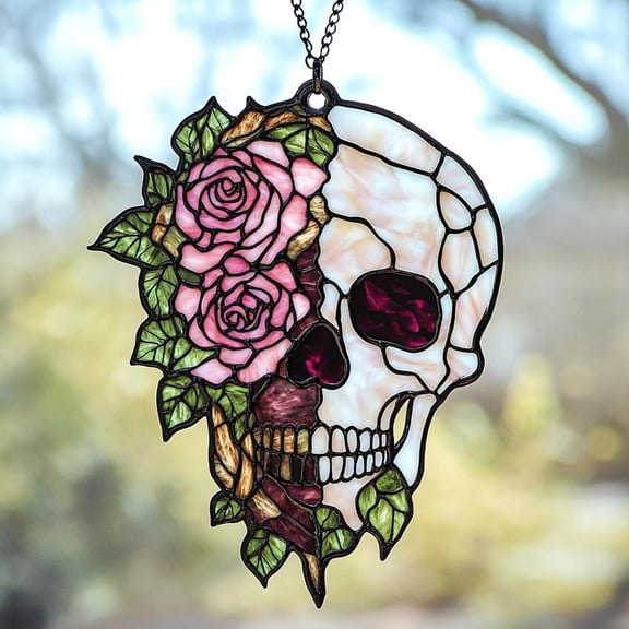 Skull And Roses Acrylic Suncatcher - Gothic Faux Stained Glass Window Hanging - Halloween Decor Gift