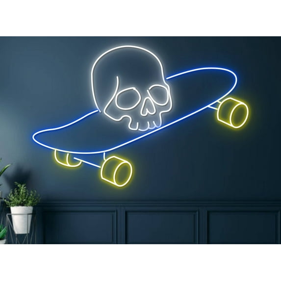 Skull And Skateboard Neon Sign