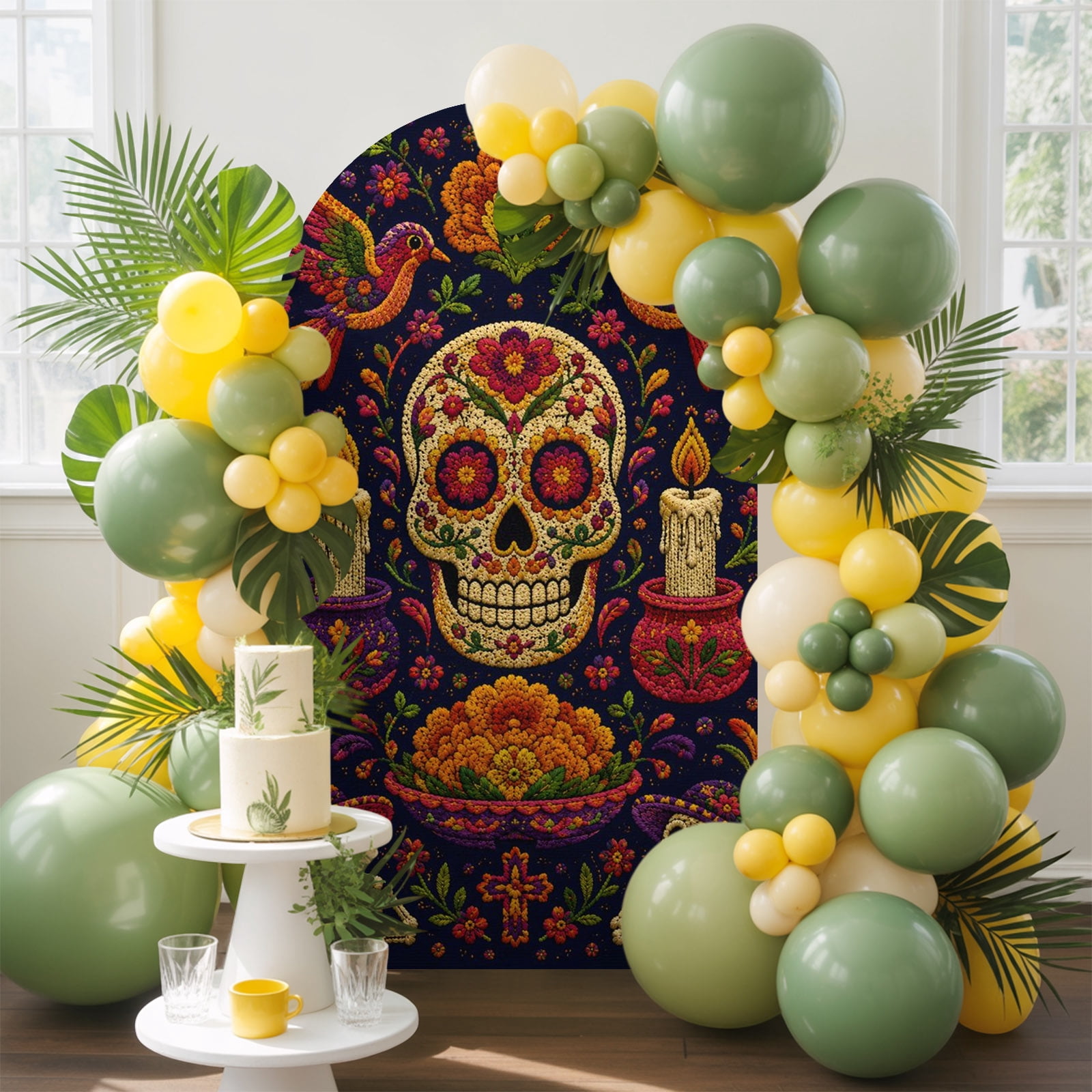 Skull Art Arch Backdrop Cover, 4FT, Rustic Marigold Flowers Skeleton ...