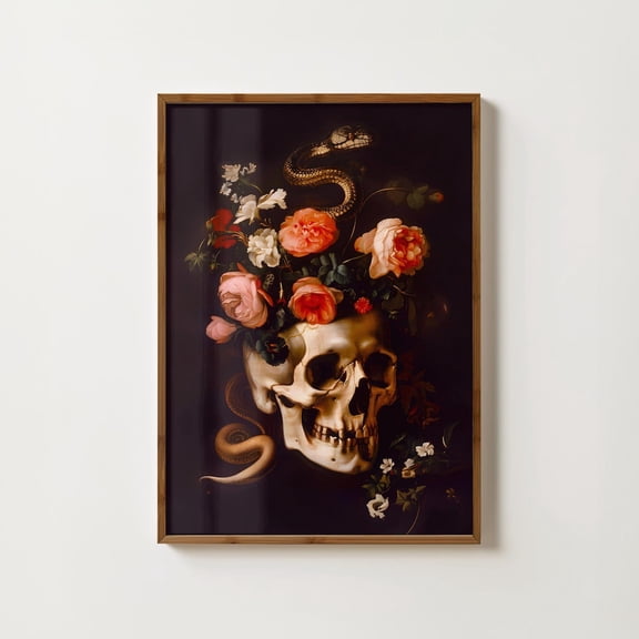 Skull Art Print Floral Skull Moody Skull Print Gothic Decor Dark Academia Print Snakes Wall Art Goth Print Moody Home Decor #1231, Unframed Poster Size 8x12