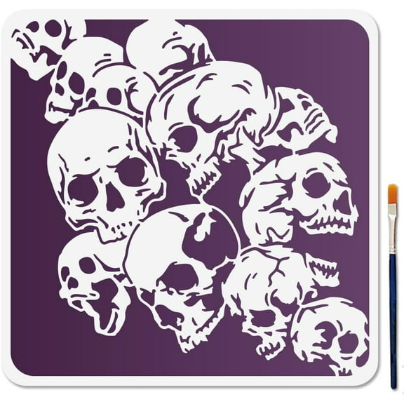 Skull Background Stencil Skull Stack Stencil 11.811.8inch with Paint Brush Reusable Horror Skull Template for Painting on Wood Wall Window DIY Craft Home Decor