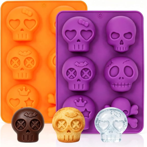 Skull Baking Molds 2-Pack 6-Cavity  Non-Stick Silicone for Cakelets & Chocolates, BPA-Free