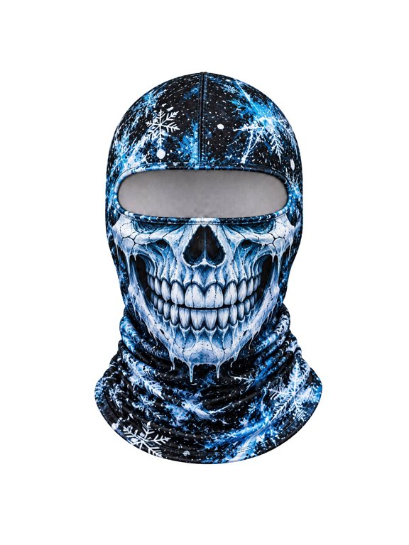 Skull Balaclava Ski Mask, Ice Blue Snowflake Skeleton Full Face Cover, Compatible Hood for Skiing Snowboarding