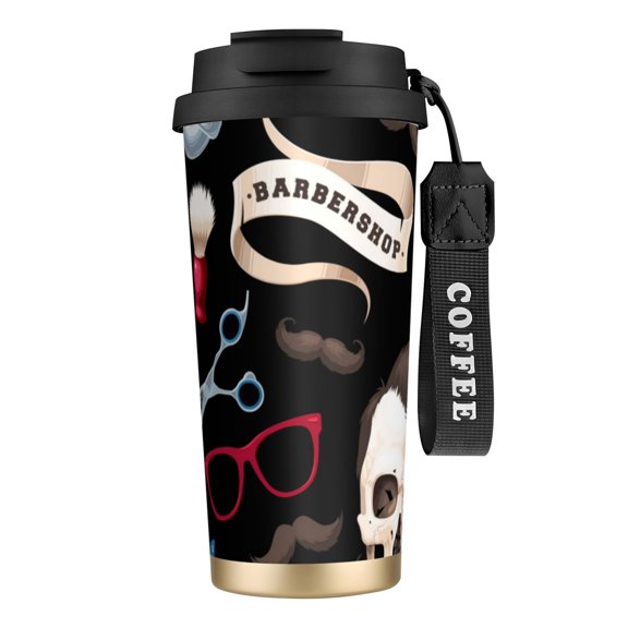 Skull Barber Shop Color Scissors 316 Stainless Steel Coffee Tumbler with Lid Straw, Vacuum Insulated Travel Mug, Reusable Coffee Cup with Wrist Strap
