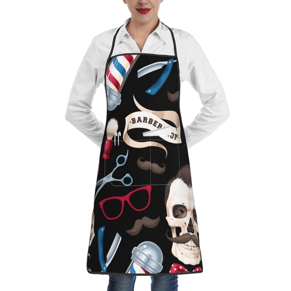 Skull Barber Shop Color Scissors Apron with Pocket Cooking Waterproof Bib Aprons for Kitchen Baking Chef Gardening BBQ